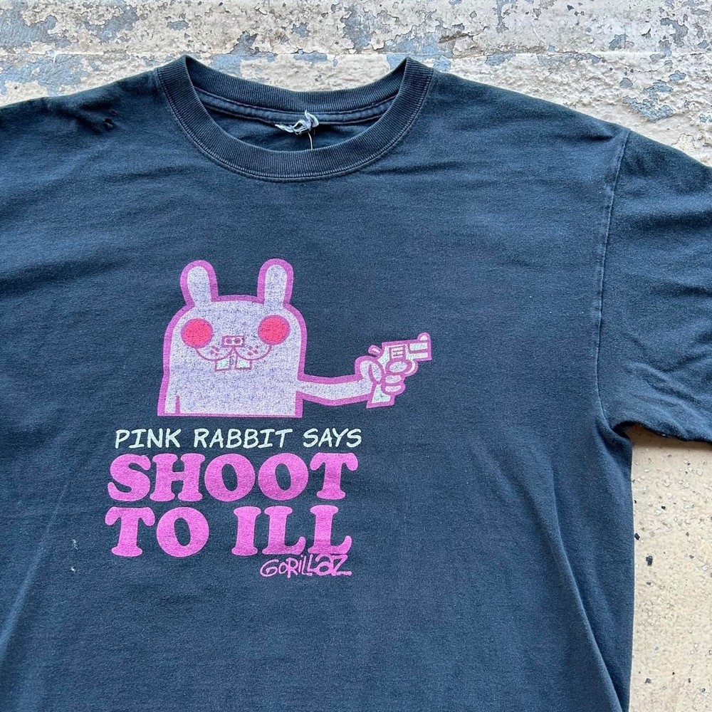 2000s Gorillaz Pink Rabbit Says Shoot To ill pink cartoon rabbit gun band tee