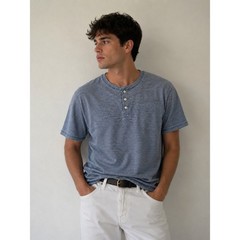 Even Tide Mens XL Henley Shirt Light Blue Striped Short Sleeve Coastal Casual