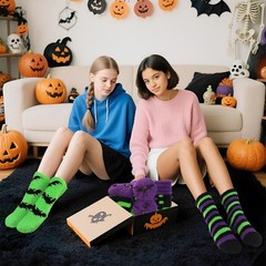 3 Pairs Halloween Fluffy Socks for Women Men，Cozy Fuzzy Bat Green Socks Carto…