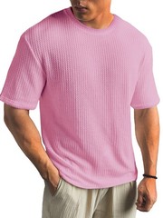 Mens Summer T Shirt Casual Ribbed Crew Neck Short Sleeve Solid Color Tee Top