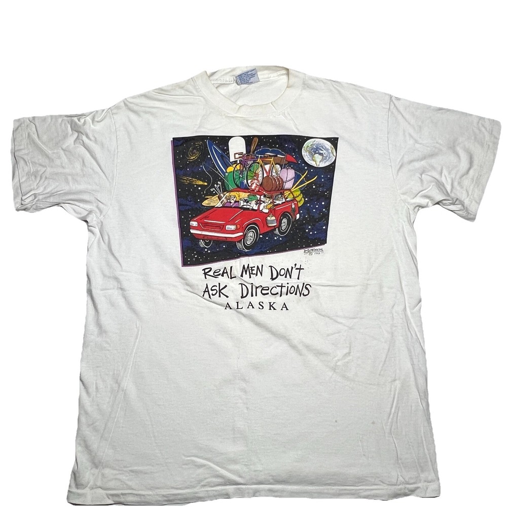 Vtg Real Men Don’t Ask Directions Shirt Mens XL Moech Art Comic Funny 1993