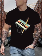 Men Retro Cassette Print T-Shirt – Casual Crew Neck, Slight Stretch, Summer Top❀