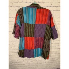 Mens Patchwork Short Sleeve Shirt Lace Up Front Multi XXL Festival Boho Hippie
