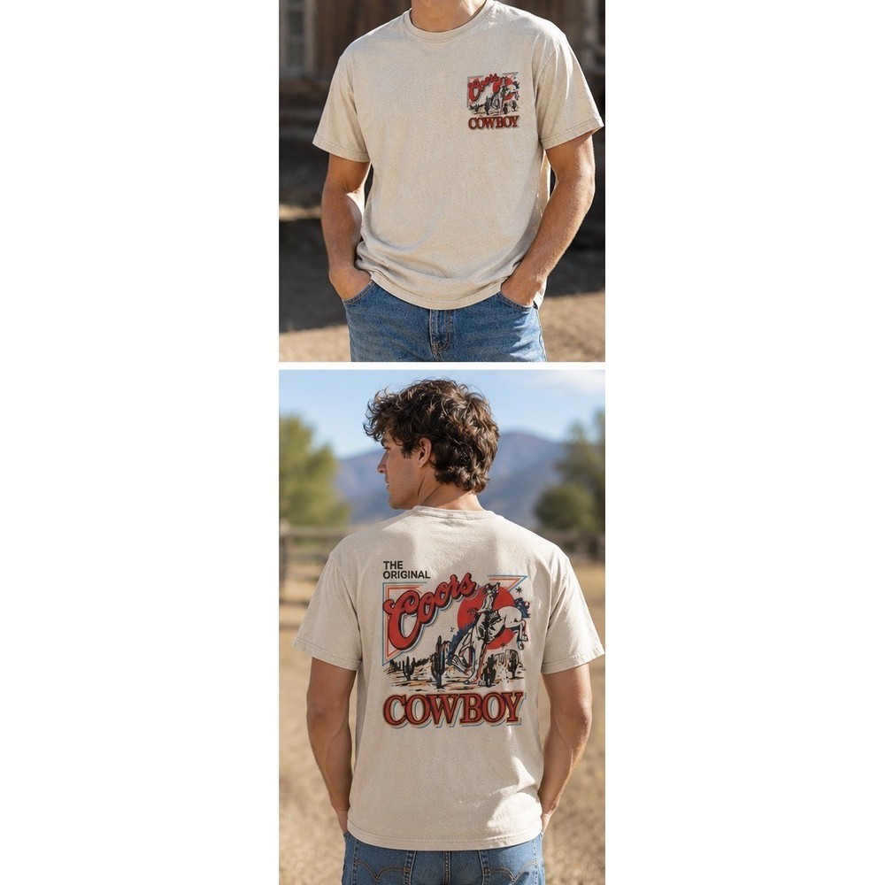 Coors Cowboy Graphic T-Shirt Mens XL Cream Western Bucking Bronco Short Sleeve