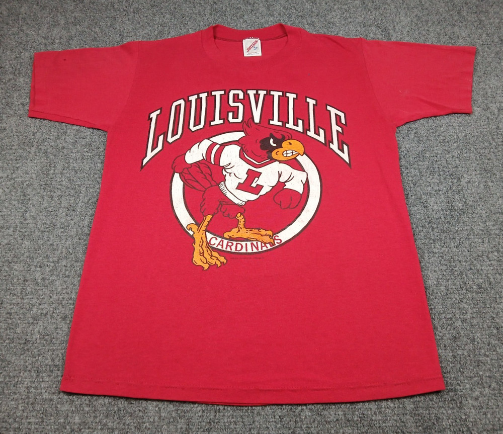 Vintage 80s Louisville University Mascot Logo T Shirt Mens Size Medium Red 1987