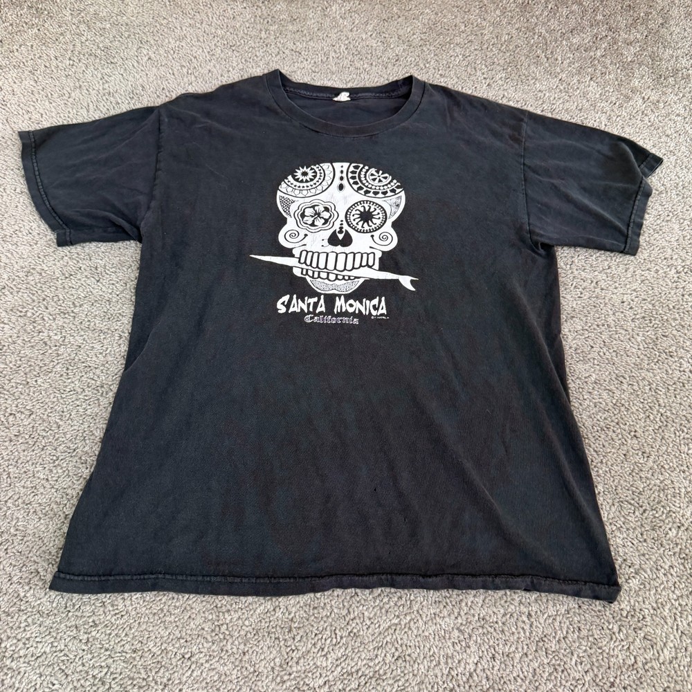VINTAGE Santa Monica California Shirt Mens Large Black Sugar Skull Short Sleeve