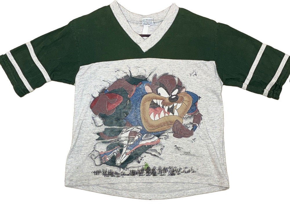 VINTAGE. Looney Tunes Taz Ringer V-Neck Graphic Tee Gray/Green Cotton M KIDS