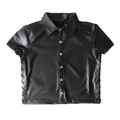 Mens PU Leather Side Lace-up Shirts Vest Turn-down Collar Dance Club Crop Tops