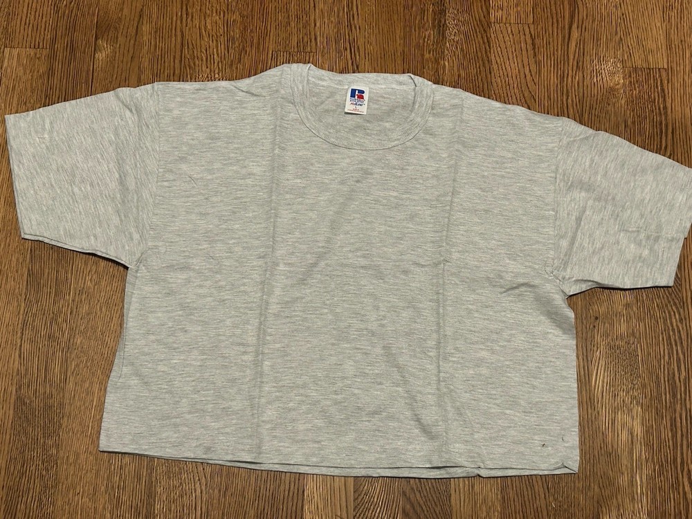 Vintage 90s Cropped T-shirt Large BOSS Russell Athletic Gray NUBLEND NOS