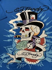 Ed Hardy Mens SZ L Short Sleeve Shirt Capri Blue Skull Dice Rhinestone 2 Sided