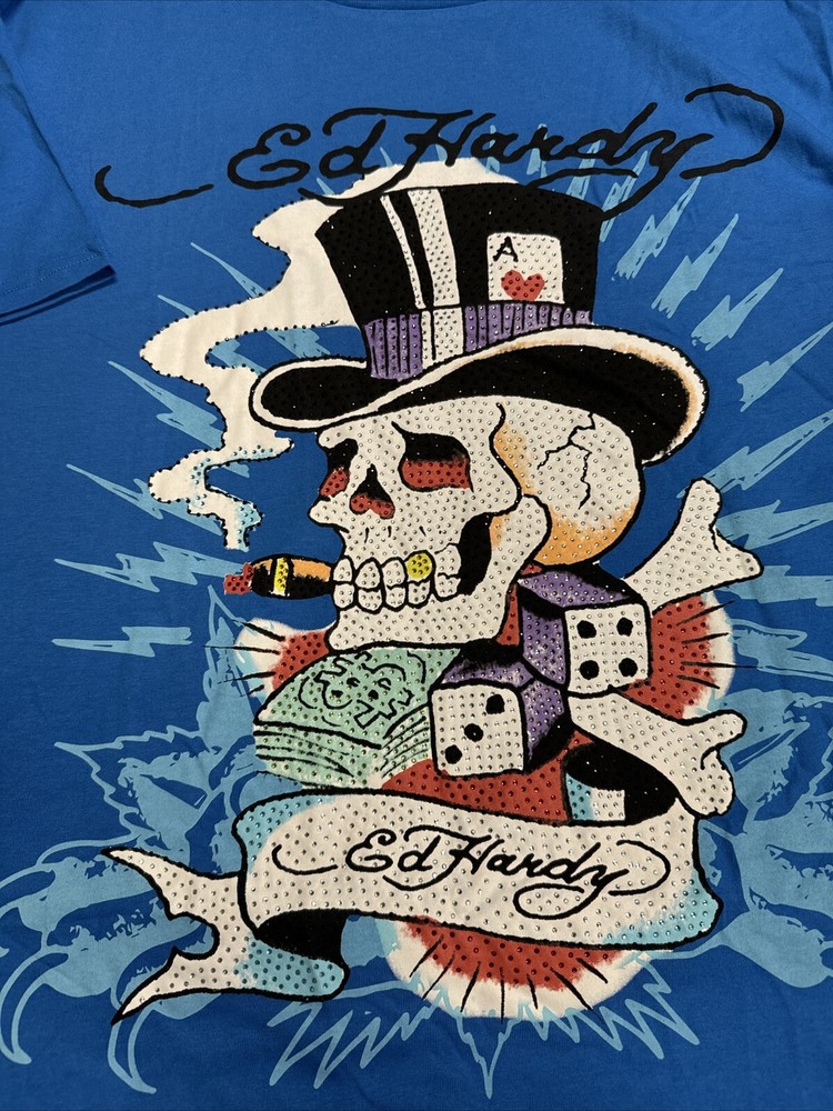Ed Hardy Mens SZ L Short Sleeve Shirt Capri Blue Skull Dice Rhinestone 2 Sided