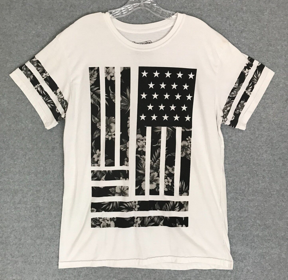 Fresh Laundry USA Flag & Flowers T-Shirt Large Mens/Womens White Short Sleeve