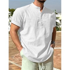Men’s Cotton Linen Henley Shirt Short Sleeve Casual Summer Tee