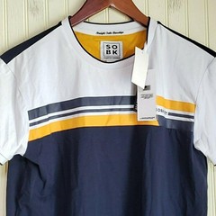 SOBK Shirt Mens Medium Blue White Colorblock Stripe Crewneck Stretch Jersey Tee