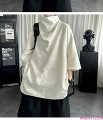 Black High Neck Silk Shirt Summer Thin Men’s High Neck 7-inch Sleeve Loose Tops