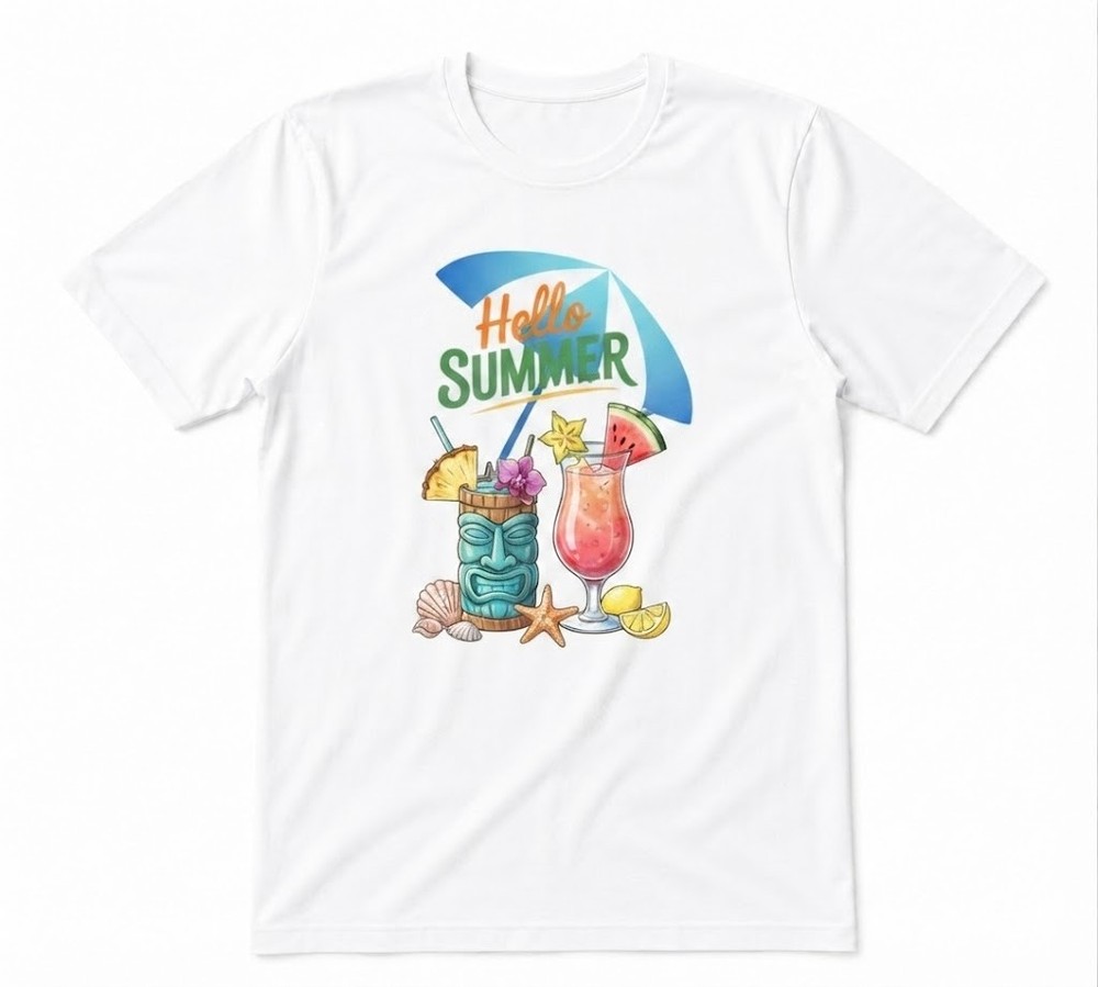 Hello Summer Cocktail Beach With Sun Summer Vibes Unisex White T-shirt
