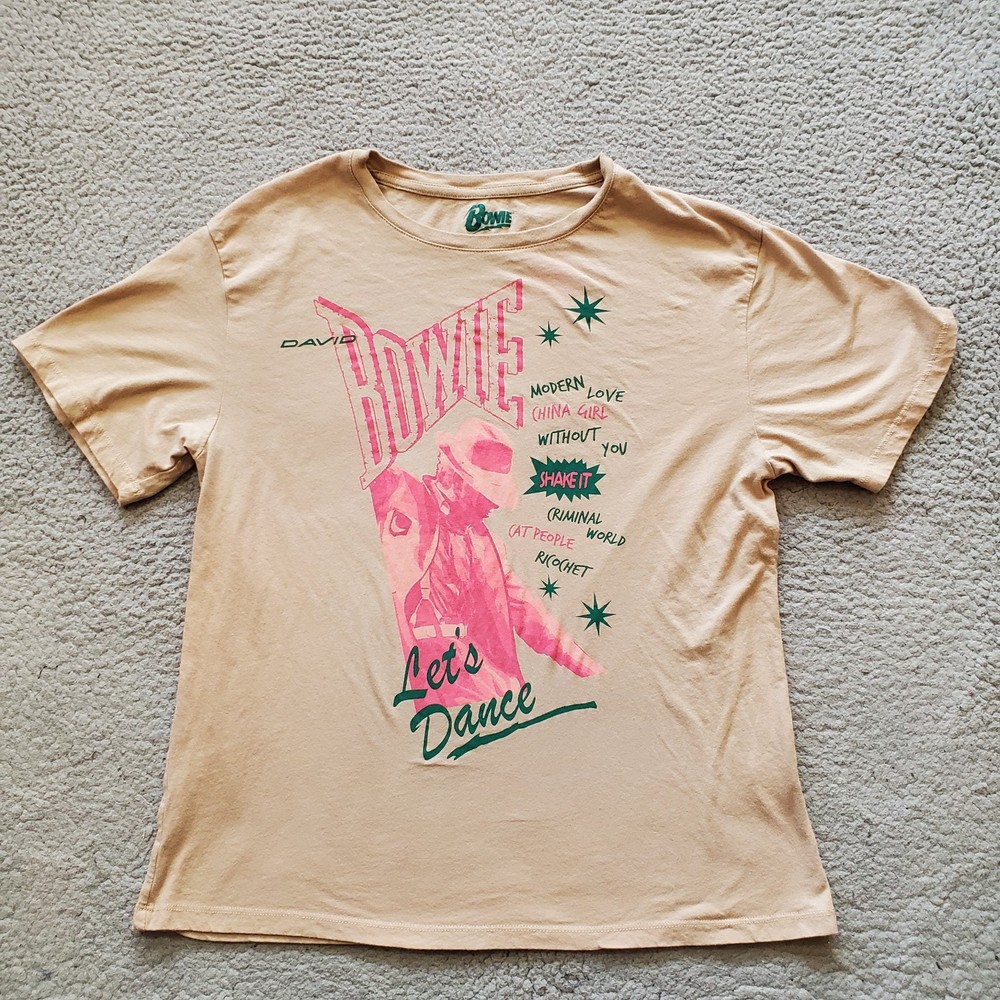 David Bowie Shirt Mens Small Tan Pink Pop Rock Band Music Concert Lets Dance