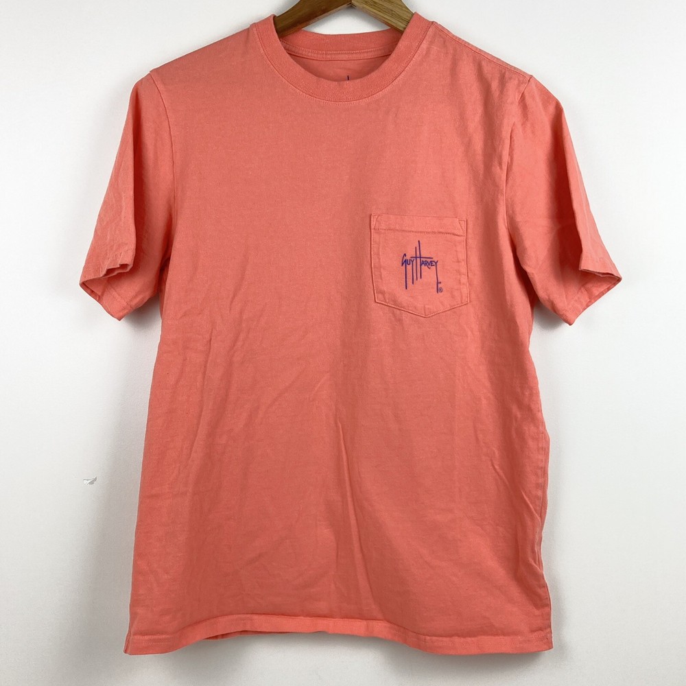 Guy Harvey Men’s Short Sleeve Pocket Tee Bright Orange Fishing Shirt Size M