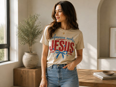 America Needs Jesus Shirt Patriotic Christian Faith Bow Tee Cream Women