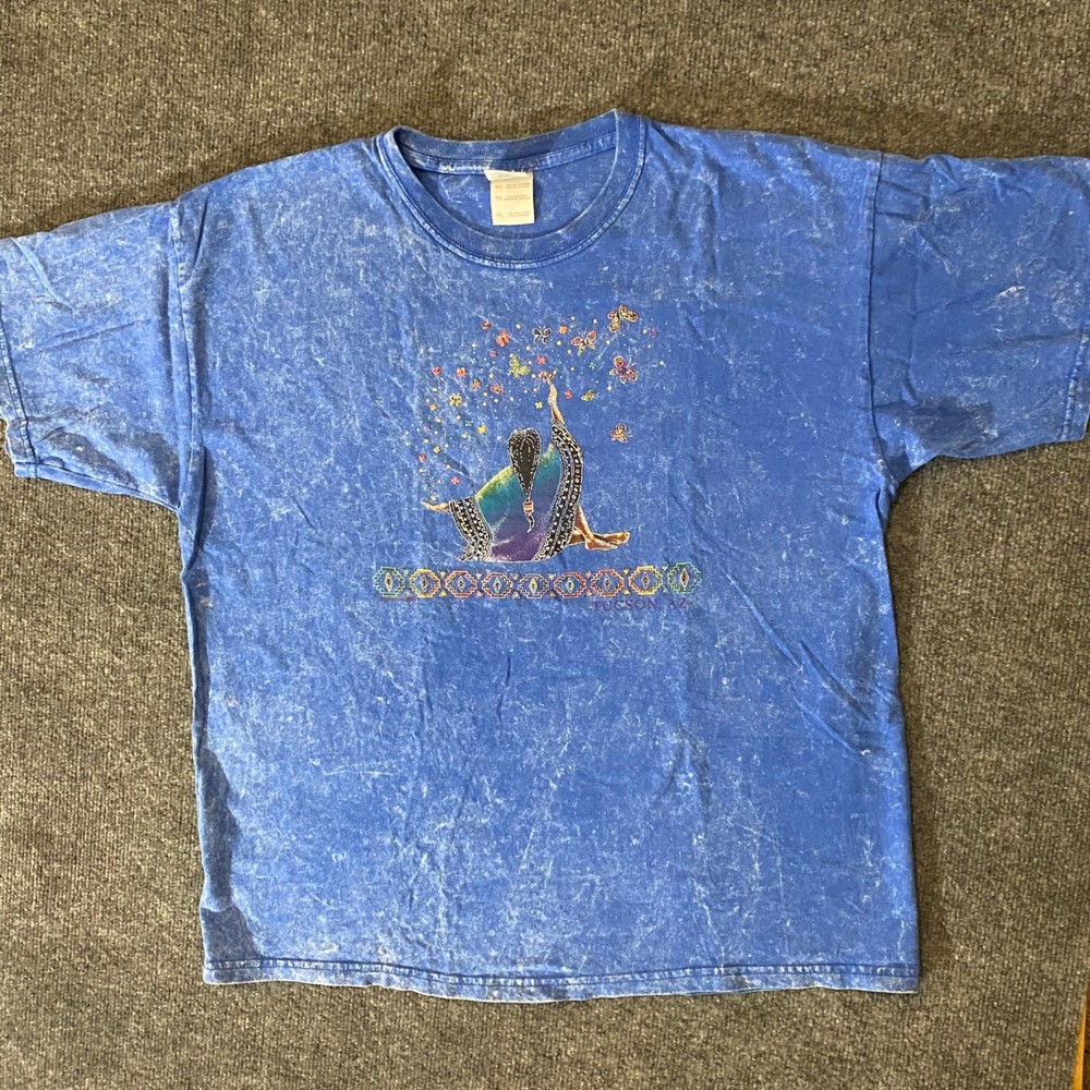 Gildan Cotton Tee Mens XL Blue Tucson AZ Butterfly Graphic Vintage Acid Wash