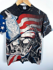 90s AOP Wolf Motorcycle American Flag T-Shirt Adult Medium Single Stitch 1994