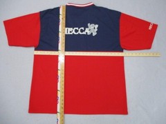 Vtg Mecca Mens T-Shirt Sz 2XL Y2K Blue Red V Neck Short Sleeve Jersey Spell Out