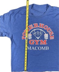 Vintage Powerhouse Gym Cropped T-Shirt Macomb Blue Athletic Weight Lifting