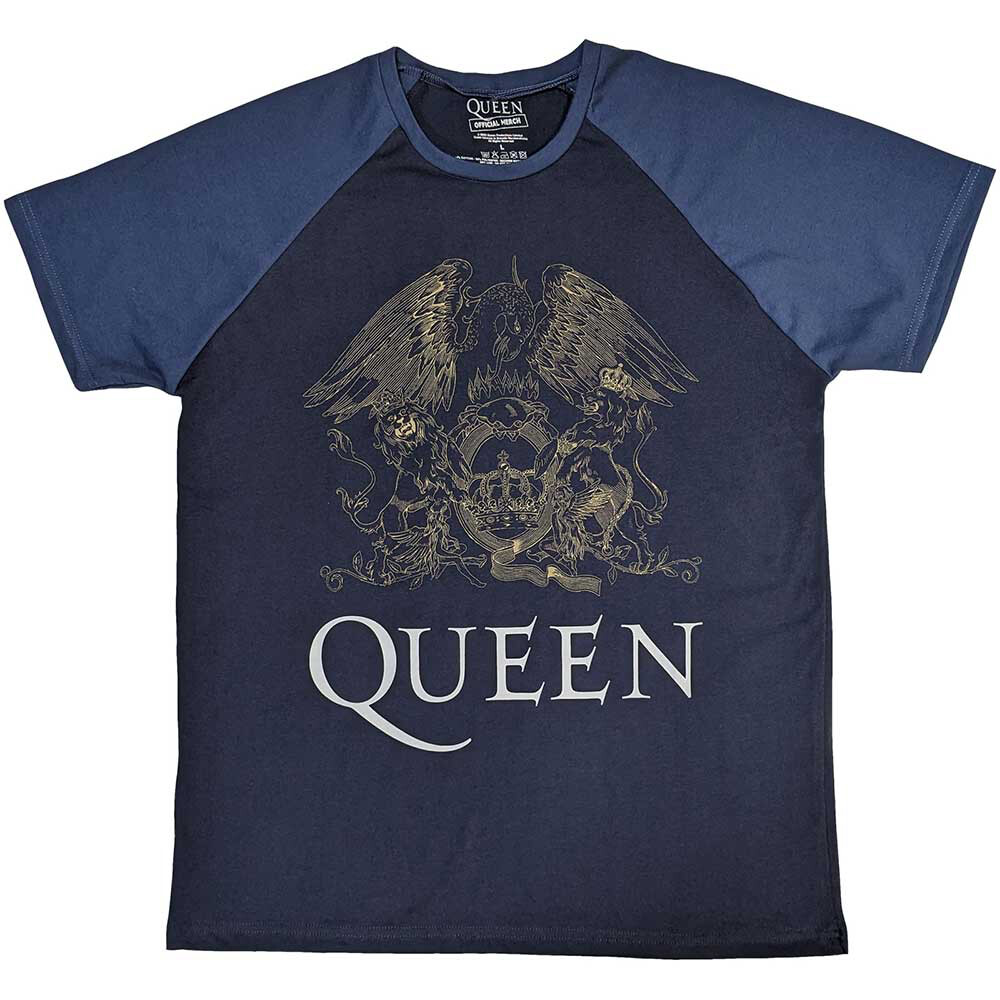 Queen – Freddie Mercury – Crest – Navy Blue & Denim Blue Raglan T-shirt