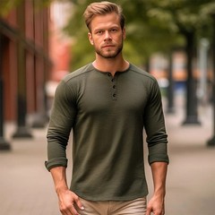 Men’s Shirt Cotton Henley Neck T-Shirts Long Sleeve Casual Button Plain 25% OFF