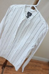 H&M white and black striped Linen Cotton button up shirt mandarin collar sz S