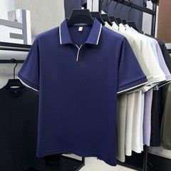 Men Contrast Trim Short Sleeve Lapel V Neck T Shirt for Business Casual Use