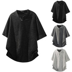 Plus Size Men’s Hong Kong Striped T Shirt Short Sleeve For Henry Collar Top