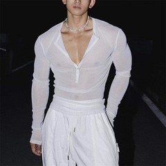 Mens Glitter Shirt Top See Through Lace T-Shirt Sheer Mesh Undershirts