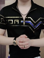 New Men Luxury Diamond Rhinestones Fashion Black Polo T-Shirt High Quality