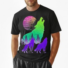 Wolves Howling Moon Forest Silhouette Neon Synthwave Retro Graphic Tee