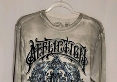 Affliction Men’s Silver Bleach Brush Wash Black Flocked Logo T Shirt Size M