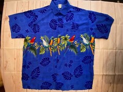 Rina Mens Hawaiian Blue Button Down Shirt Parrots Tropical Birds Sz XL