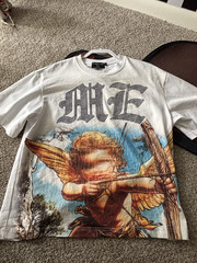 mixed emotion White Cotton Jersey Graphic Tee Angel Cupid Short Sleeve Small