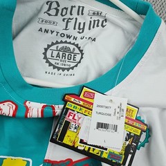 Born Fly Graphic Tee Mens Large Turquoise White Streetwear Split Panel Shirt NWT