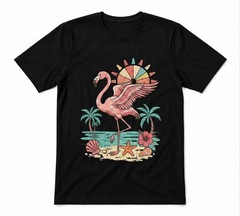 Tropical Flamingo Summer Beach Pink Flamingo Tee Unisex Black T-shirt