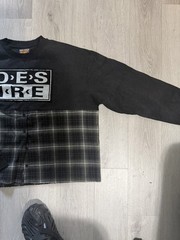 Bottega Desires Hybrid Flannel Plaid T-Shirt Black Gray White Long Sleeve Size L