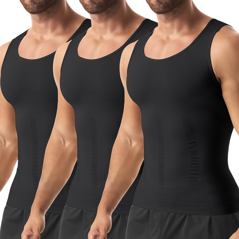 3 Pack Men’s Compression Shirt Slimming Body Shaper Vest Tummy Control Shapewear