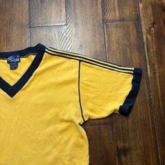 Sutton Place Shirt Mens Small Yellow Ringer Retro V Neck Stripe Trim Tee 70s