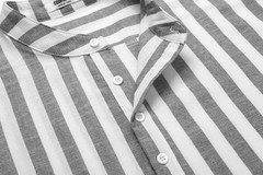 Men’s Cotton Hemp Long Sleeve Casual Beach Henley Shirt(Black White Striped,M)