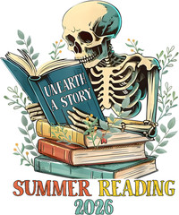 Unisex Unearth a Story Summer Reading2026 Vintage Skeleton Reader Graphic TShirt