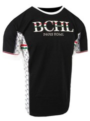 Mens T-Shirt Italian Sport Print Sides Gold Trim Bucheli Logo Slim Fit Crew Neck