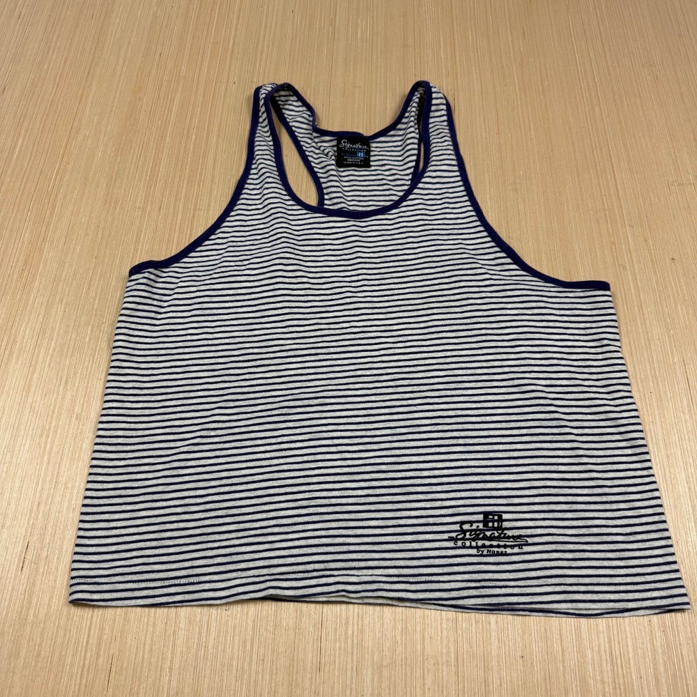 Vintage 90s Hanes Signature Striped Tank Top T Shirt Ringer Medium Stringer