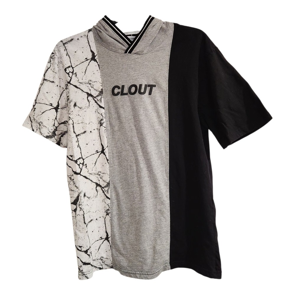 Distortion Mens Sz M Hooded T Shirt With “Clout ” Print Short Sleeve V Neck