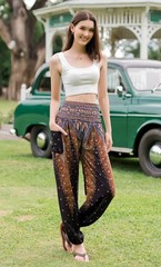 ‘s Smocked Waist Harem Hippie Boho Yoga Palazzo Casual Pants (M,Peacock Black)