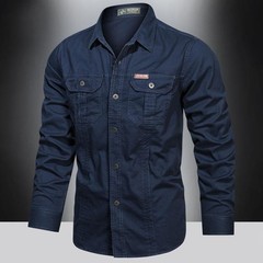 Men’s Long-Sleeve Western Shirts Cotton Button-Up Military Style